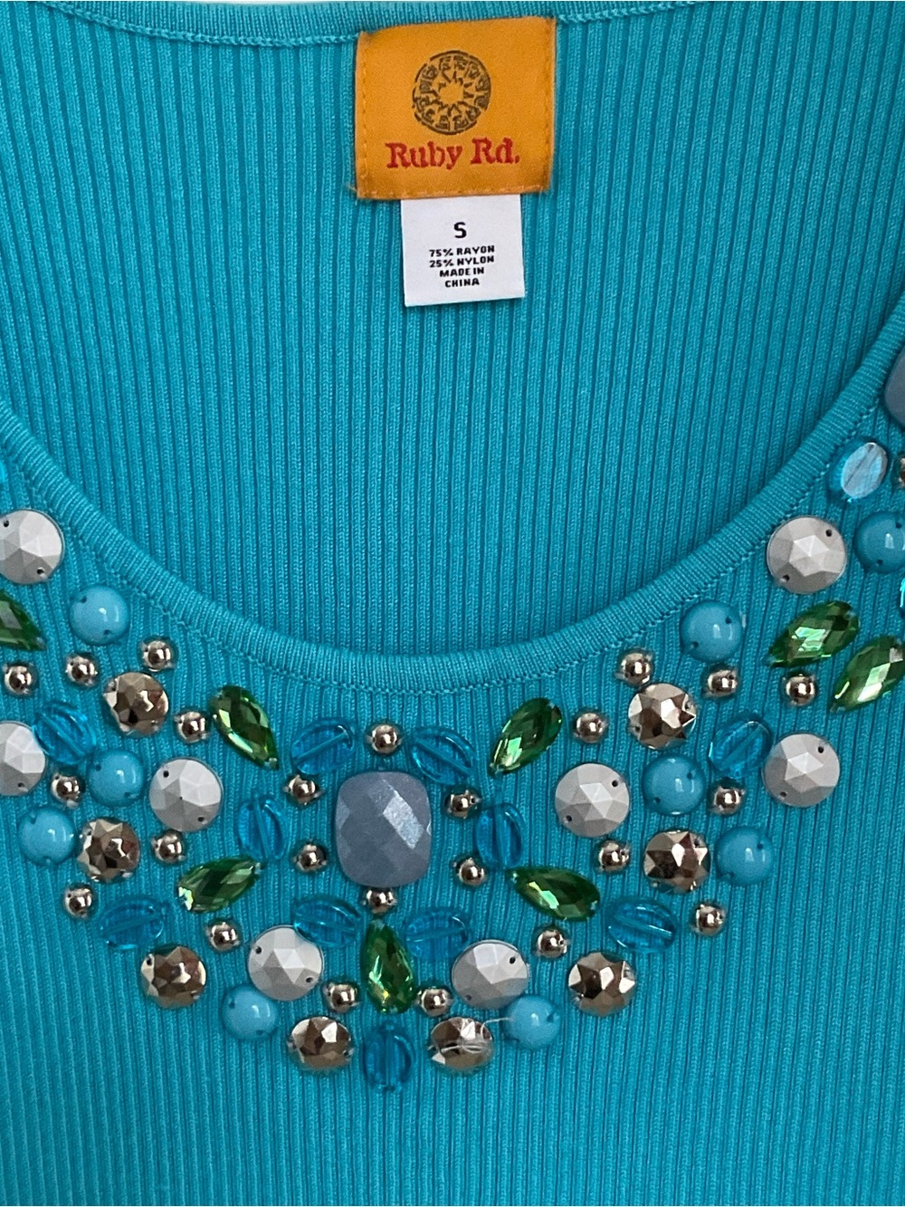 Ruby Rd. Turquoise Ribbed Tank with Jewel Neckline size Small - Picture 2 of 5